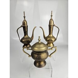 Vintage‎ Set of 3 Etched Brass India-Style 2 Teapots/Genie Lamp & 1 Lidded Bowl